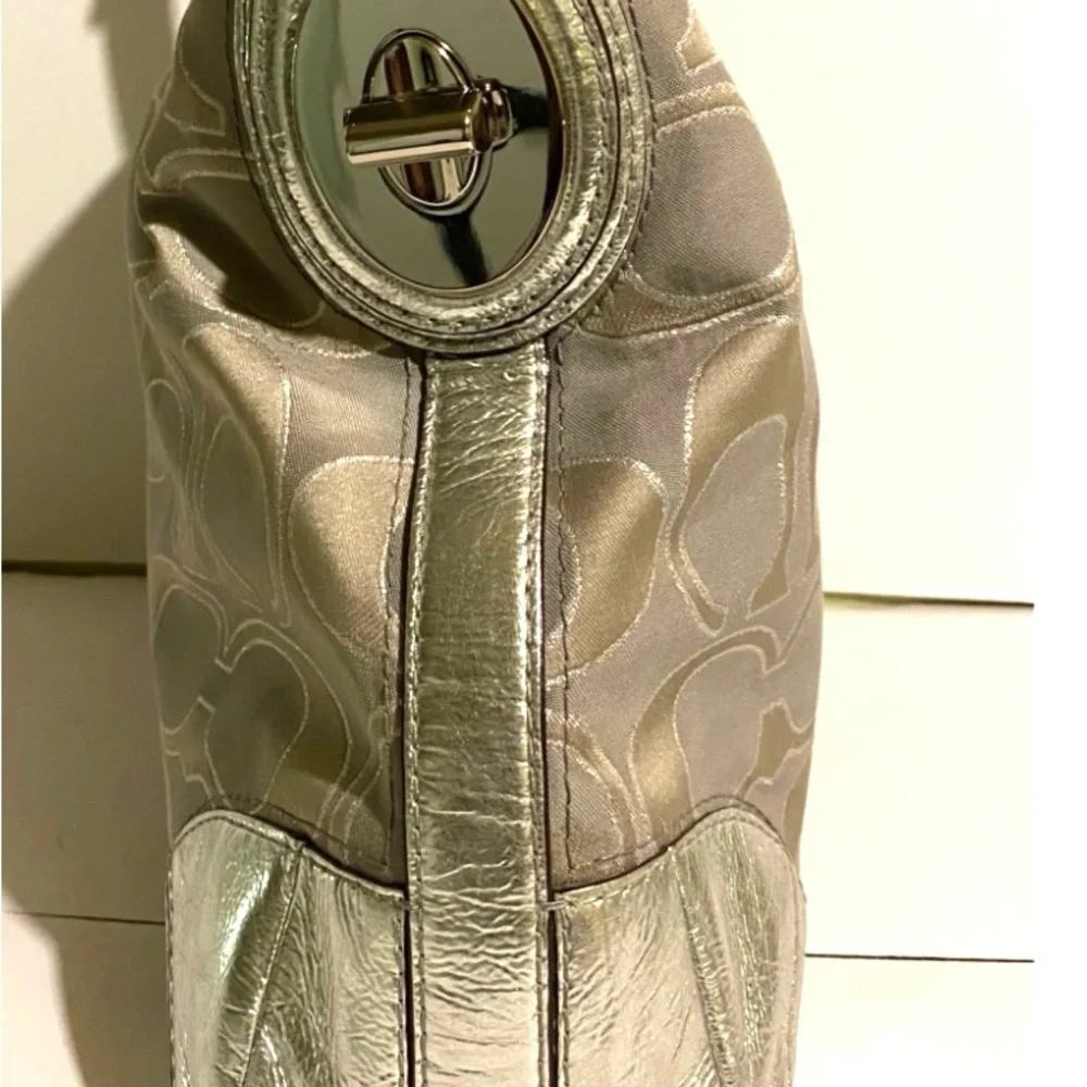 Coach CC signature print metallic gray leather shoulder handbag